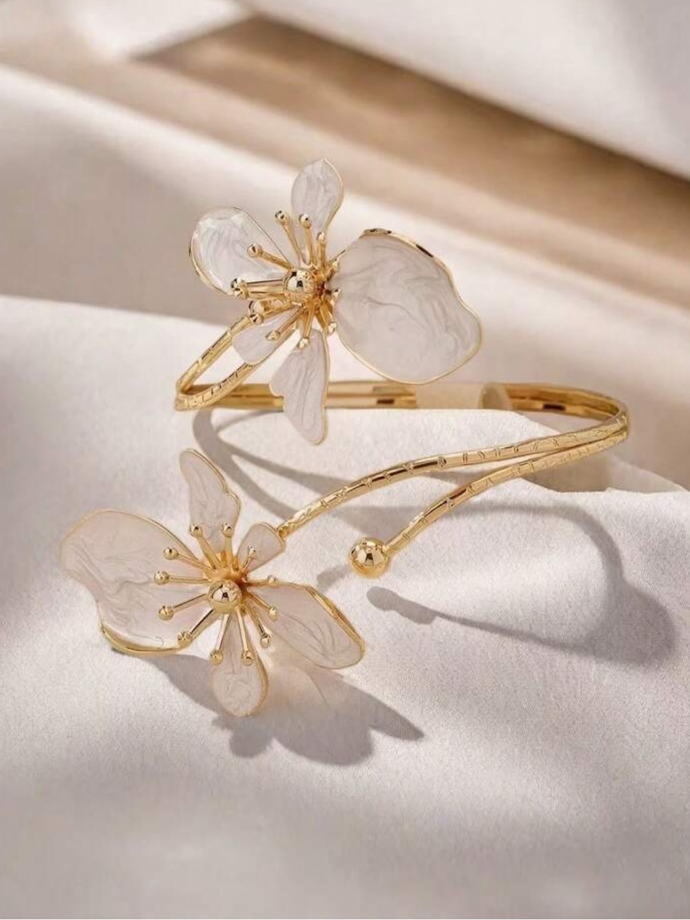 Anthropologie Gold-tone Cuff Bracelet with White Floral Accents